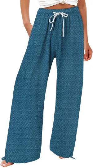 Women's Striped Cotton Linen Wide Leg Pants Summer Casual Comfy Pants with Pockets 2025 Drawstring Elastic Waist Trousers