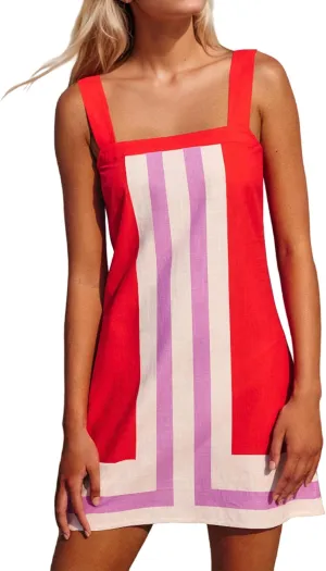 Womens Striped Mini Dress Sleeveless Color Block A Line Dress Beach Summer Boho Sundress Casual Short Dress Cover Up