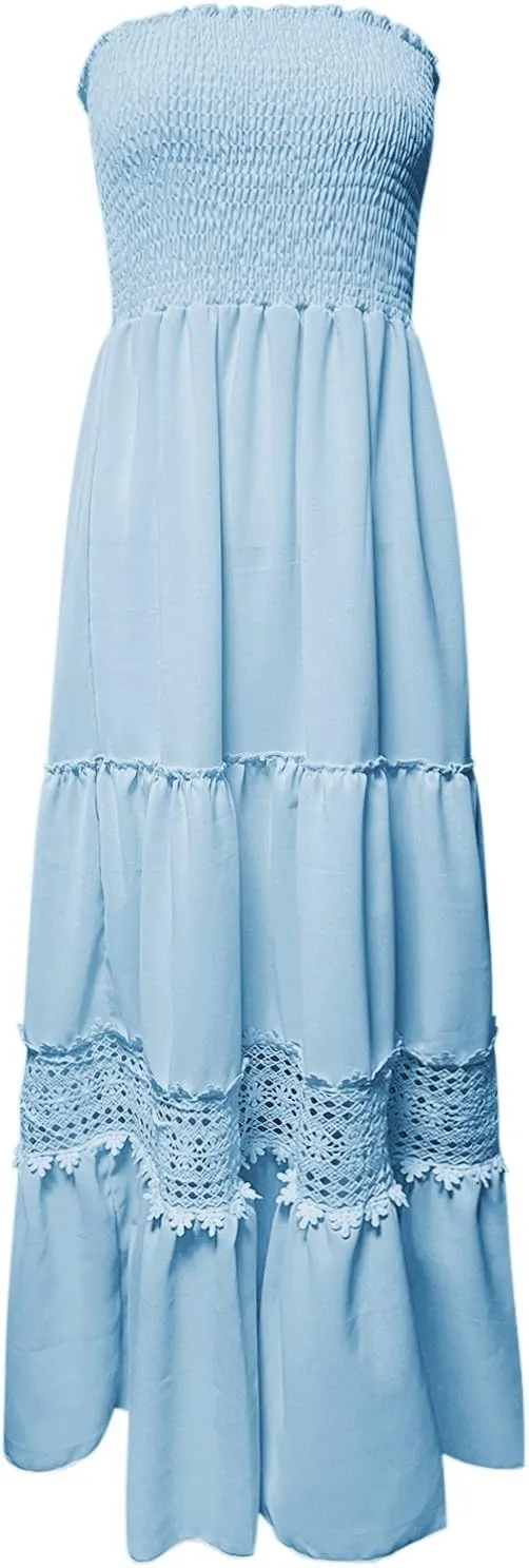 Women's Summer Boho Off Shoulder Sleeveless Bandeua Casual Long Dress Flowy Beach Swing Party Maxi Dress