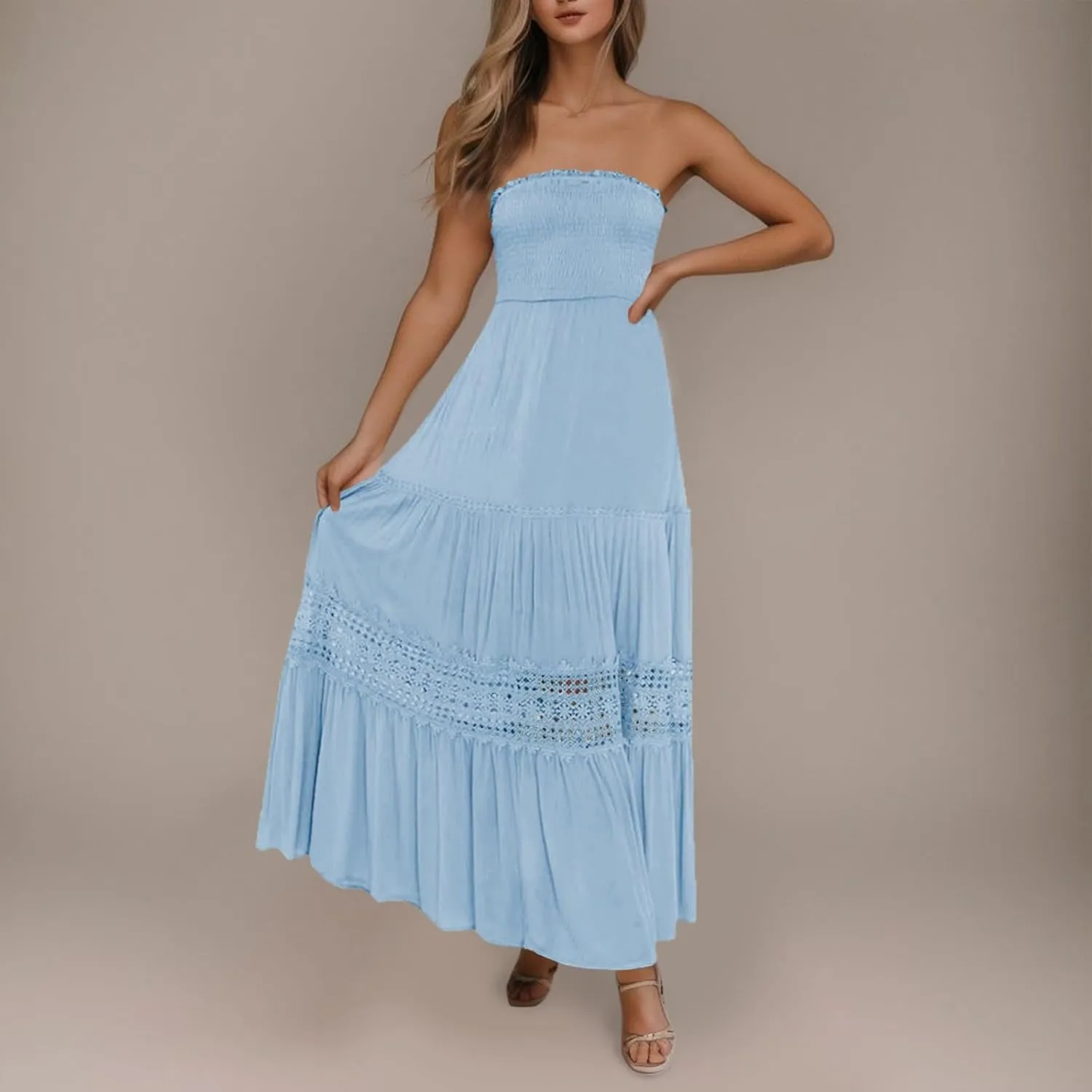 Women's Summer Boho Off Shoulder Sleeveless Bandeua Casual Long Dress Flowy Beach Swing Party Maxi Dress