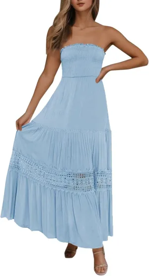 Women's Summer Boho Off Shoulder Sleeveless Bandeua Casual Long Dress Flowy Beach Swing Party Maxi Dress