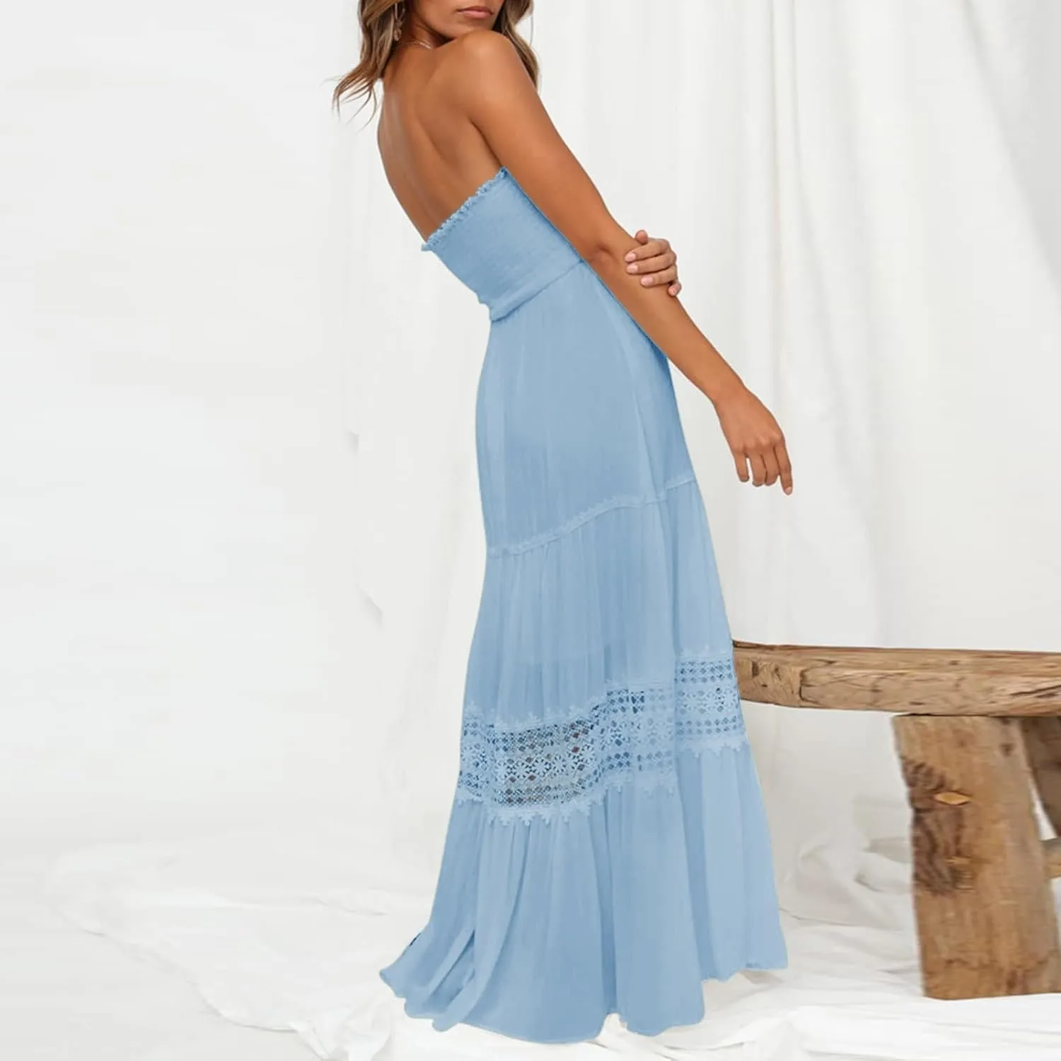 Women's Summer Boho Off Shoulder Sleeveless Bandeua Casual Long Dress Flowy Beach Swing Party Maxi Dress