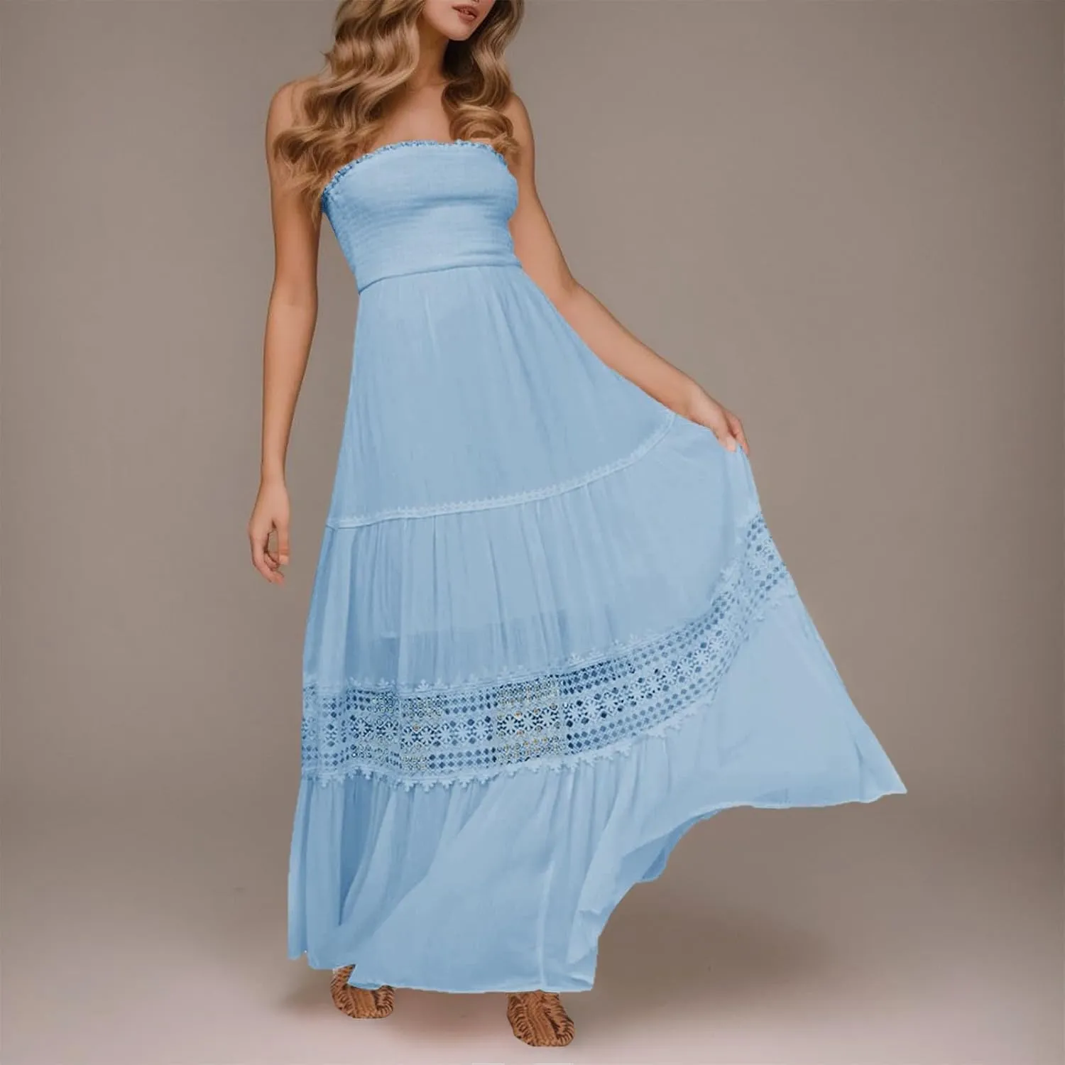 Women's Summer Boho Off Shoulder Sleeveless Bandeua Casual Long Dress Flowy Beach Swing Party Maxi Dress