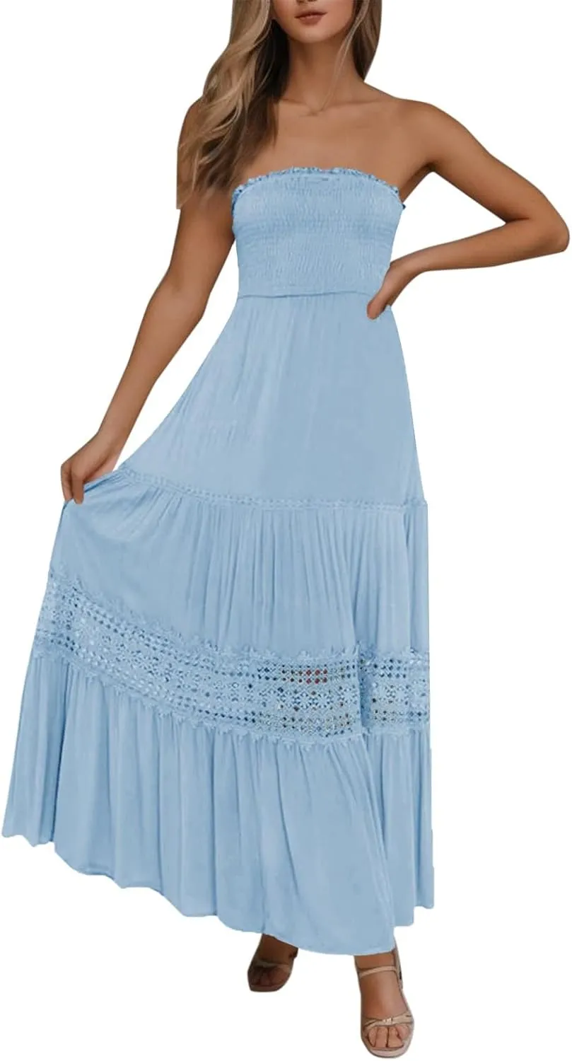 Women's Summer Boho Off Shoulder Sleeveless Bandeua Casual Long Dress Flowy Beach Swing Party Maxi Dress
