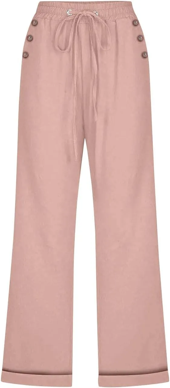 Womens Summer Casual Linen Capri Pants Solid Elastic Loose Cotton Pants Straight Wide Leg Trousers with Pockets