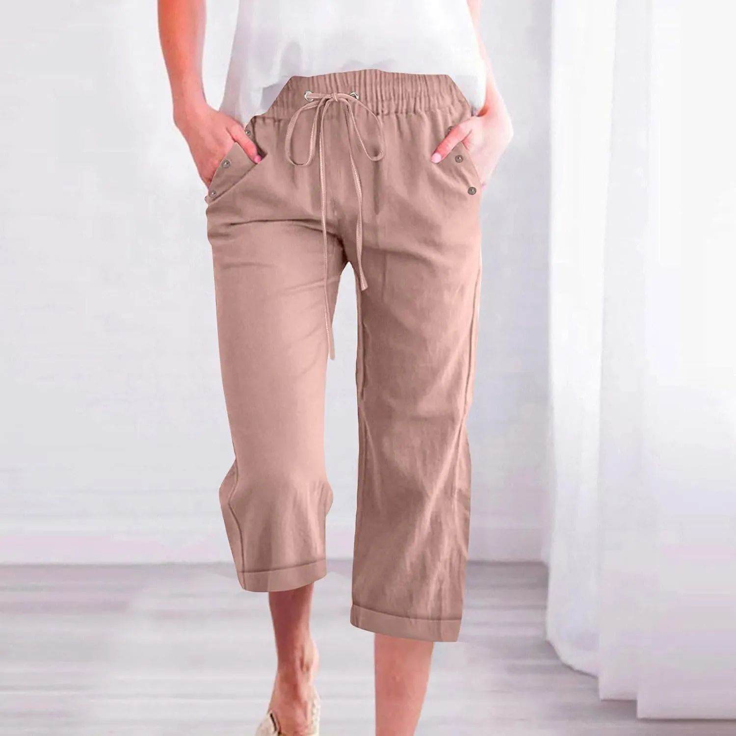 Womens Summer Casual Linen Capri Pants Solid Elastic Loose Cotton Pants Straight Wide Leg Trousers with Pockets