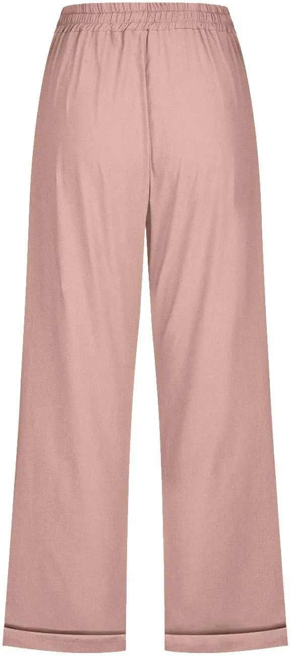 Womens Summer Casual Linen Capri Pants Solid Elastic Loose Cotton Pants Straight Wide Leg Trousers with Pockets