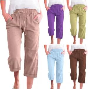 Womens Summer Casual Linen Capri Pants Solid Elastic Loose Cotton Pants Straight Wide Leg Trousers with Pockets