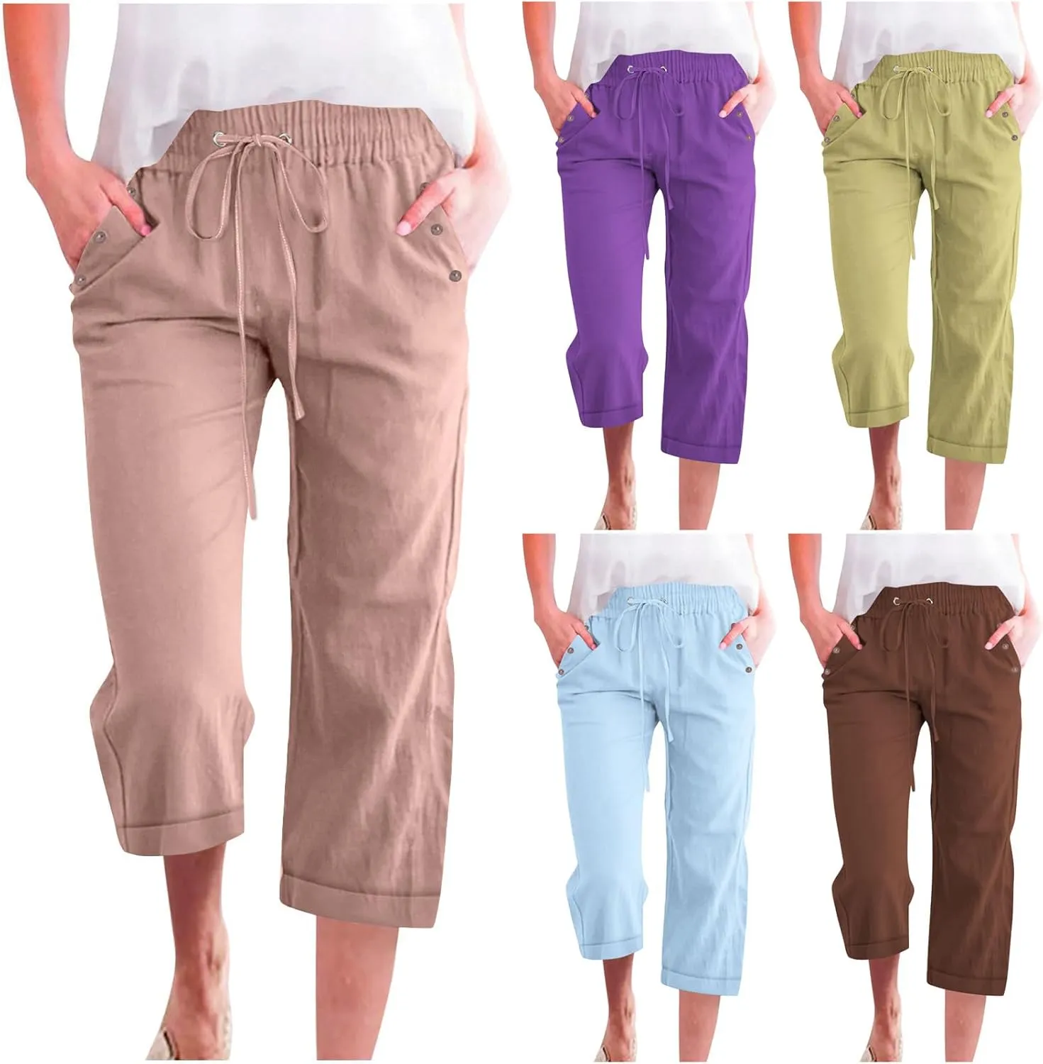 Womens Summer Casual Linen Capri Pants Solid Elastic Loose Cotton Pants Straight Wide Leg Trousers with Pockets