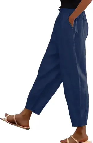 Womens Summer Casual Linen Pants 2025 Elastic High Waist Pant Drawstring Loose Cropped Trousers Capris with Pockets