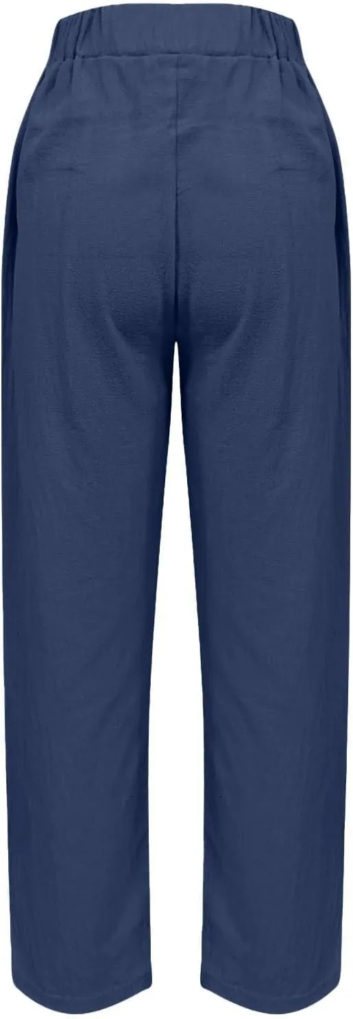 Womens Summer Casual Linen Pants 2025 Elastic High Waist Pant Drawstring Loose Cropped Trousers Capris with Pockets