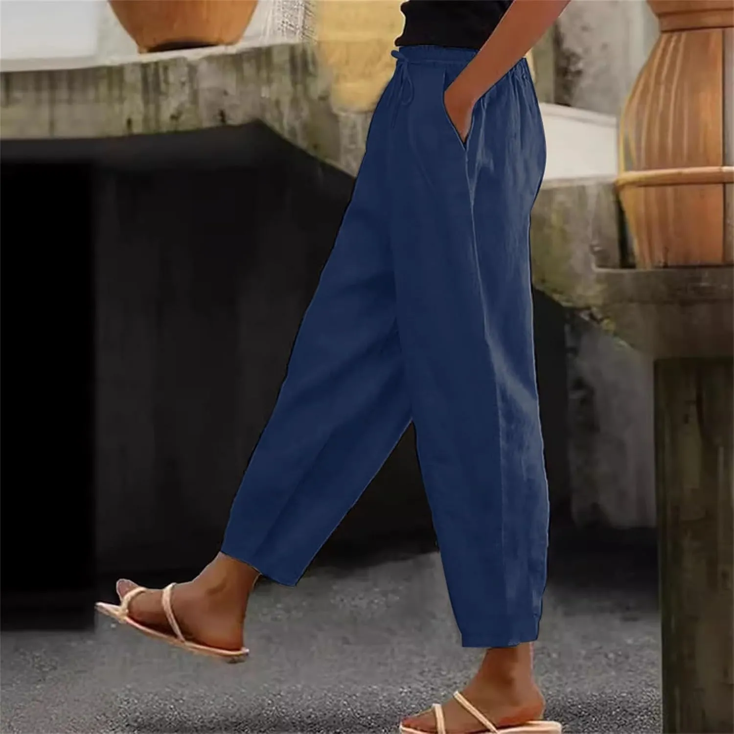 Womens Summer Casual Linen Pants 2025 Elastic High Waist Pant Drawstring Loose Cropped Trousers Capris with Pockets