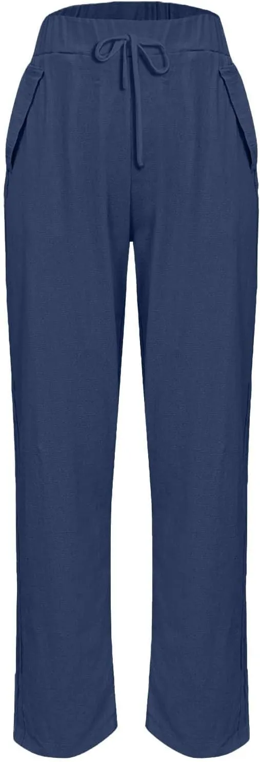 Womens Summer Casual Linen Pants 2025 Elastic High Waist Pant Drawstring Loose Cropped Trousers Capris with Pockets