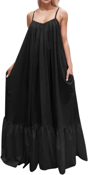 Women's Summer Casual Sleeveless Strappy Backless Maxi Dress Pleated Tiered Flowy Beach Vacation Long Dresses Sundress