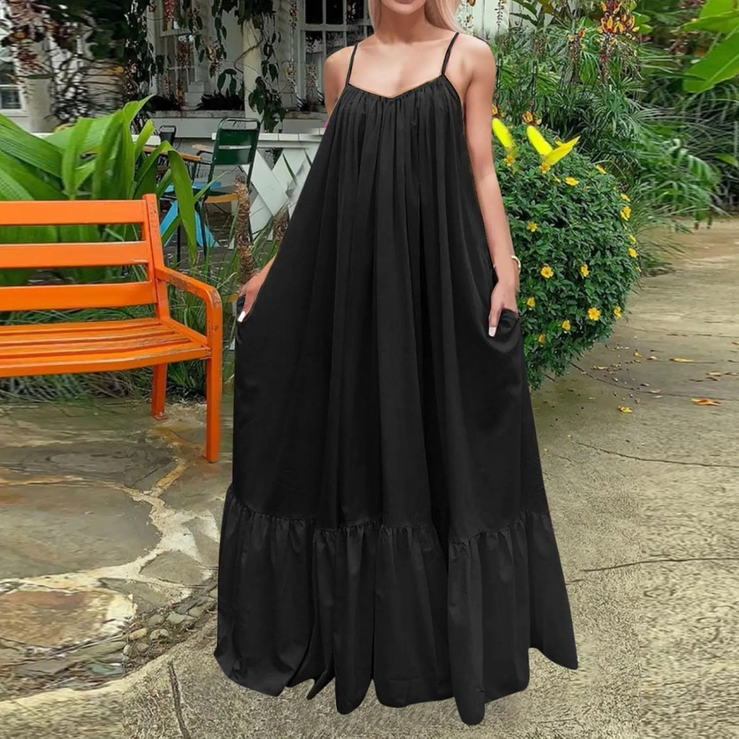 Women's Summer Casual Sleeveless Strappy Backless Maxi Dress Pleated Tiered Flowy Beach Vacation Long Dresses Sundress