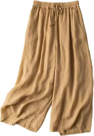 Womens Summer Cotton Linen Dress Pants Wide Legs Pure Color Pant High Waisted Drawstring Loose Trousers