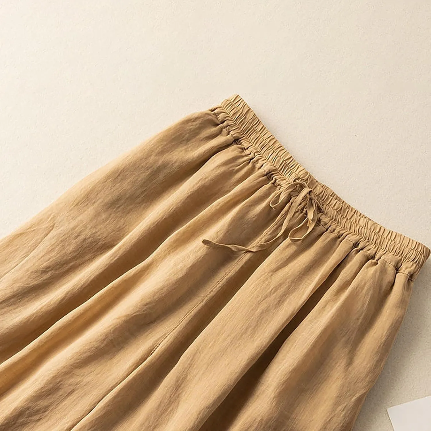 Womens Summer Cotton Linen Dress Pants Wide Legs Pure Color Pant High Waisted Drawstring Loose Trousers