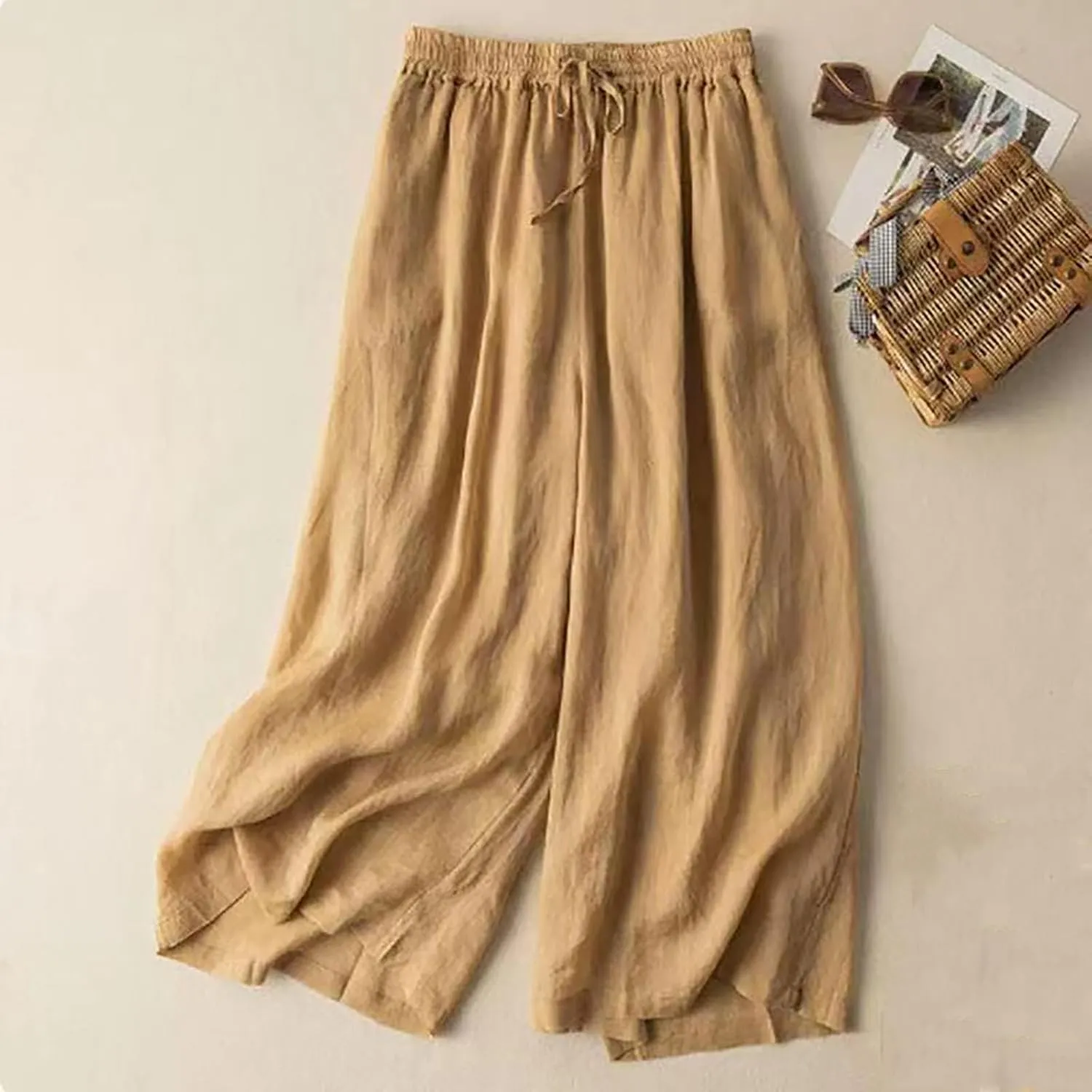 Womens Summer Cotton Linen Dress Pants Wide Legs Pure Color Pant High Waisted Drawstring Loose Trousers