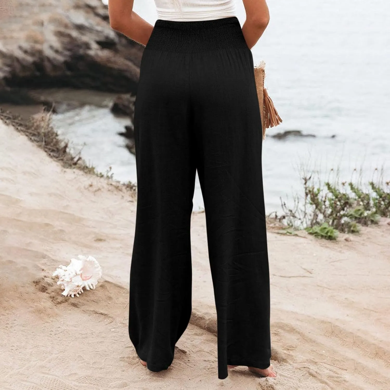 Women's Summer Cotton Linen Wide Leg Pants Drawstring high Waist Palazzo Flowy Beach Trousers