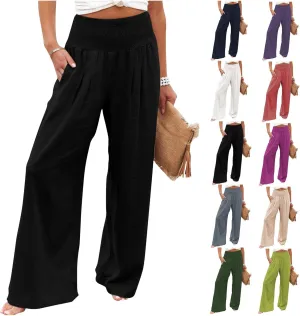 Women's Summer Cotton Linen Wide Leg Pants Drawstring high Waist Palazzo Flowy Beach Trousers
