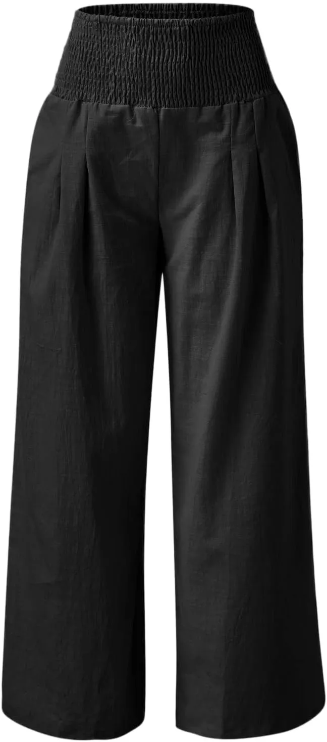 Women's Summer Cotton Linen Wide Leg Pants Drawstring high Waist Palazzo Flowy Beach Trousers