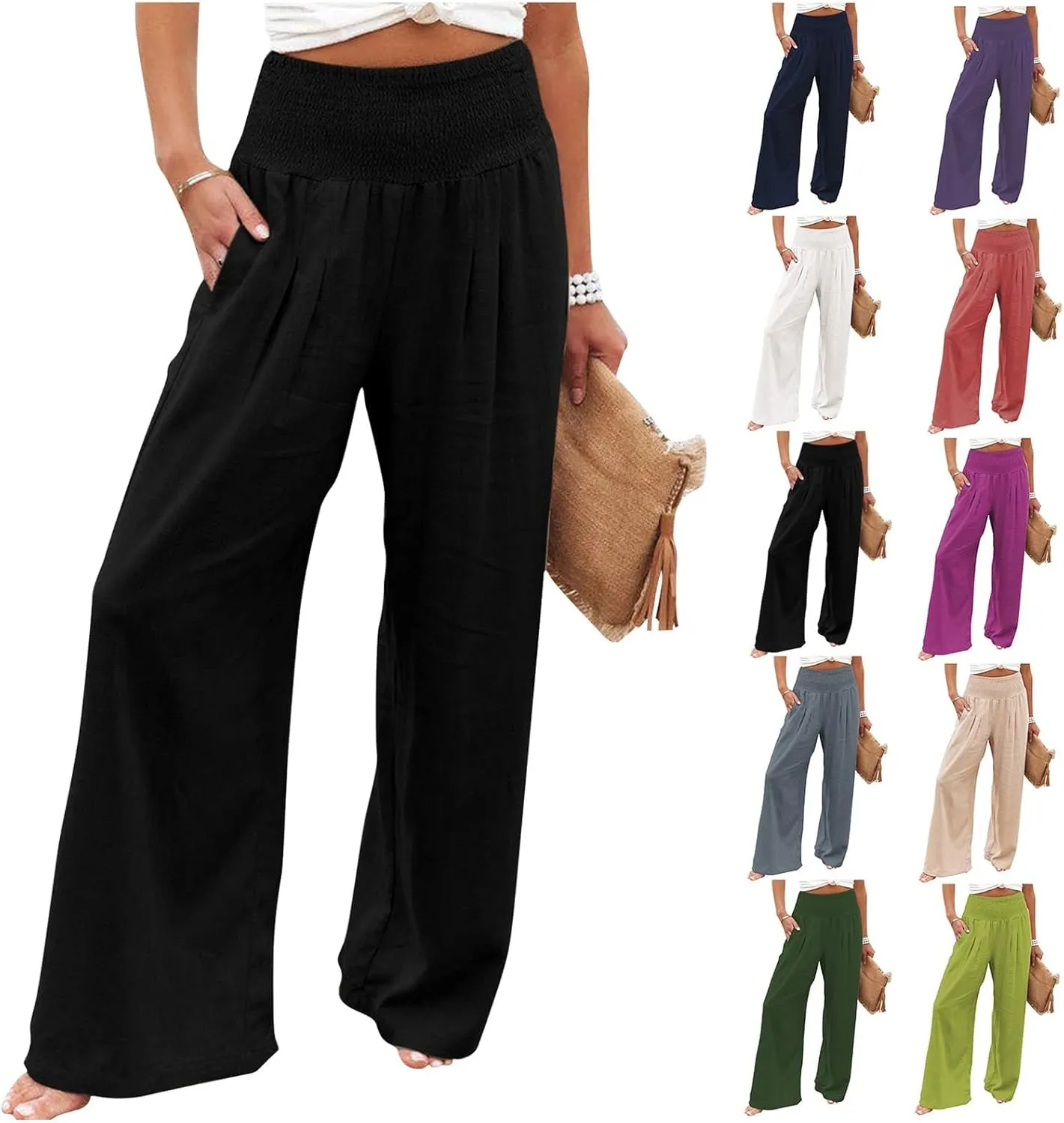 Women's Summer Cotton Linen Wide Leg Pants Drawstring high Waist Palazzo Flowy Beach Trousers