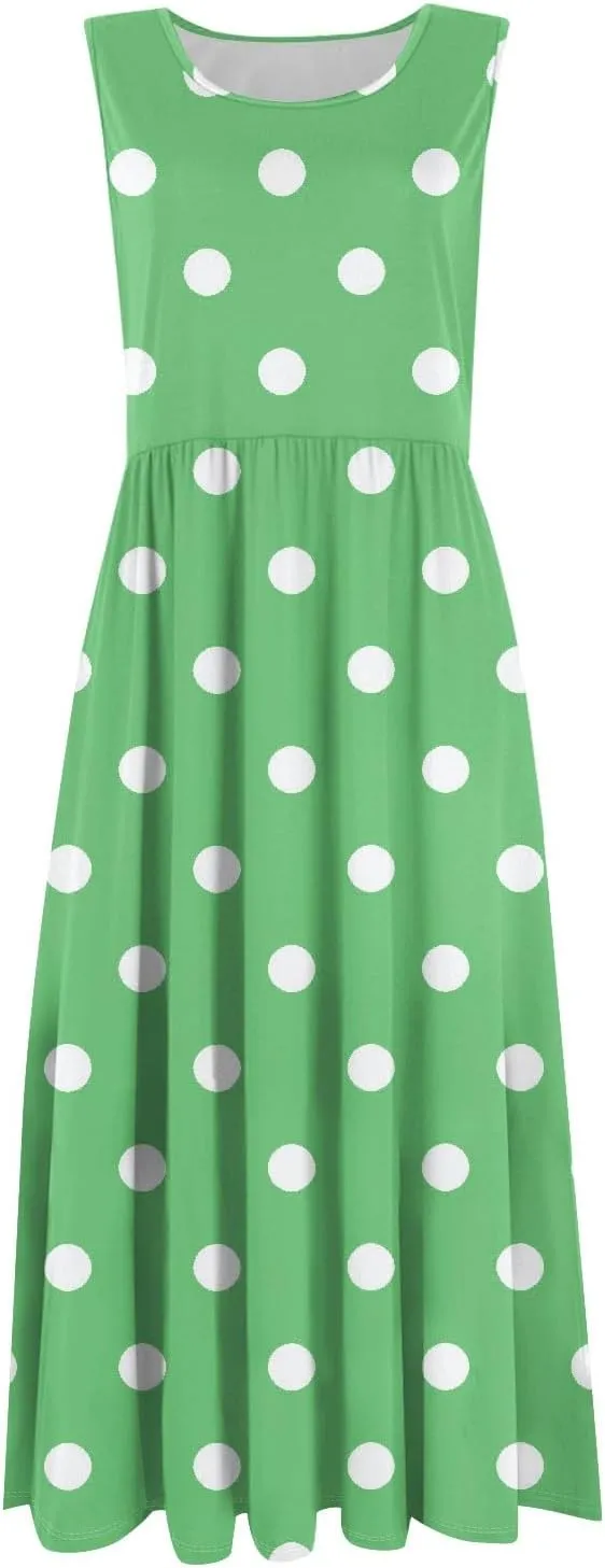 Womens Summer Dresses Casual A-Line Sundresses Floral Loose Sleeveless Mid Dress Flowy Tshirt Tank Dresses with Pockets