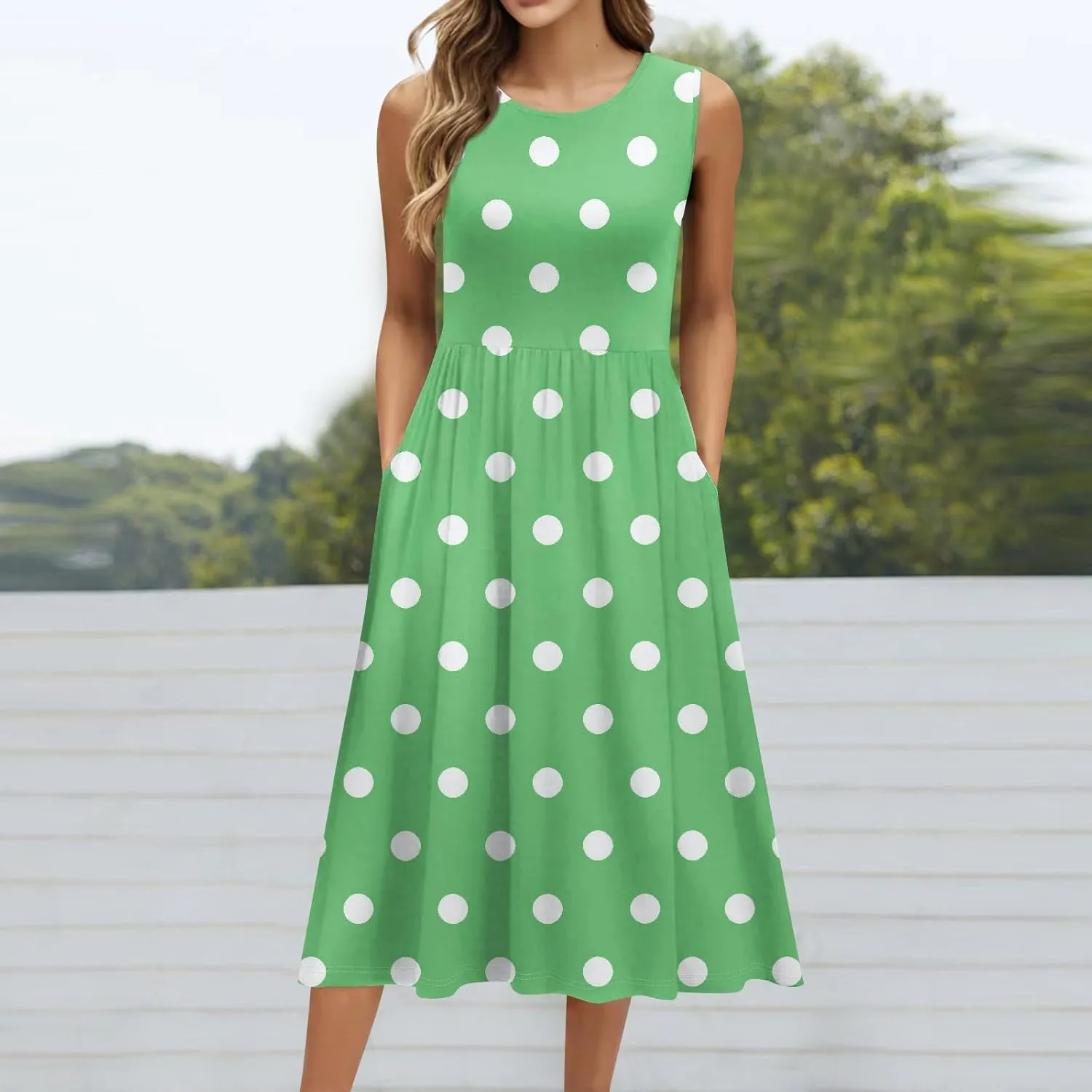 Womens Summer Dresses Casual A-Line Sundresses Floral Loose Sleeveless Mid Dress Flowy Tshirt Tank Dresses with Pockets