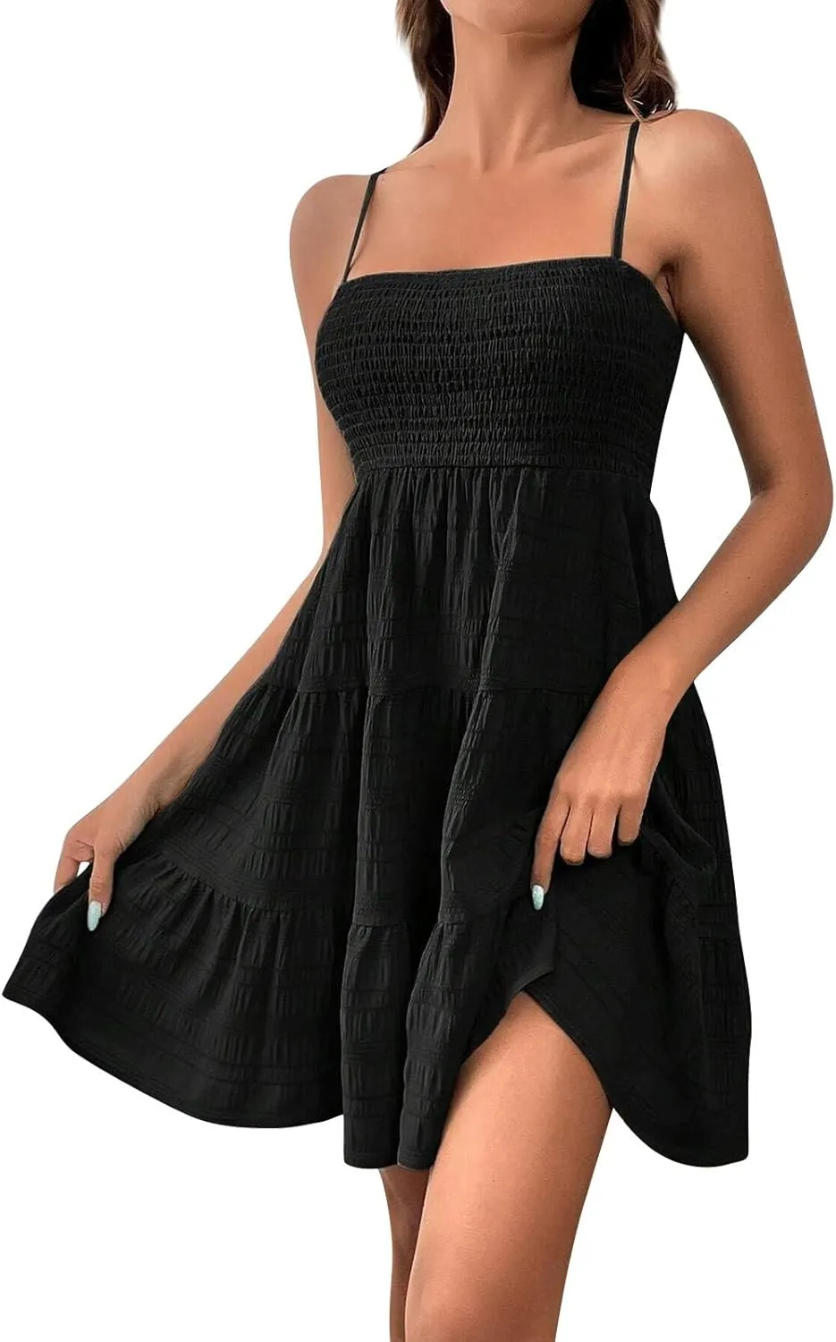 Womens Summer Dresses Casual Square Neck Smocked Tiered Dresses Ruched Spaghetti Strap Sleeveless Beach Mini Sundress