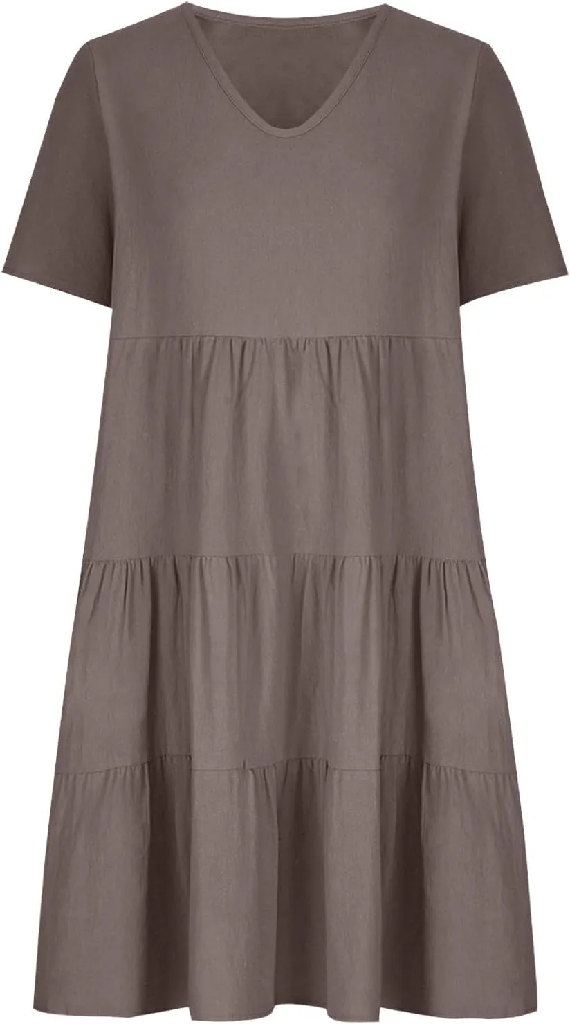 Womens Summer Dresses Casual V-Neck Short Sleeve Flowy Mini Dress Trendy Solid A-Line Ruffle Tiered Swing Dresses