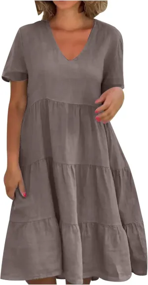Womens Summer Dresses Casual V-Neck Short Sleeve Flowy Mini Dress Trendy Solid A-Line Ruffle Tiered Swing Dresses