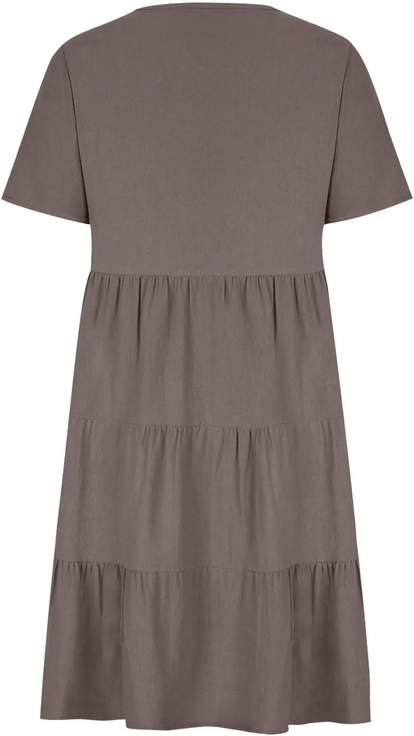 Womens Summer Dresses Casual V-Neck Short Sleeve Flowy Mini Dress Trendy Solid A-Line Ruffle Tiered Swing Dresses