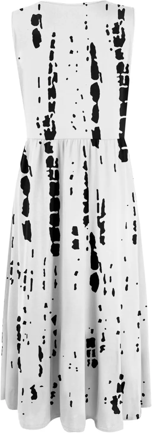 Womens Summer Dresses Flowy Tshirt Tank Dresses Floral Loose A-Line Sundresses Casual Sleeveless Mid Dress with Pockets