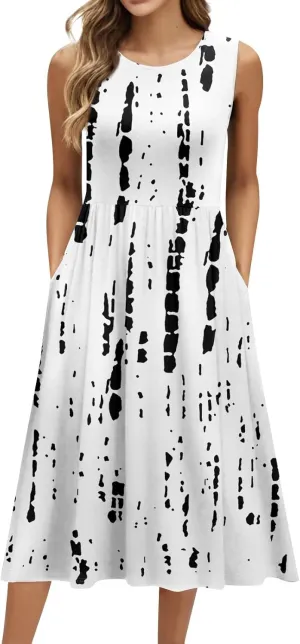 Womens Summer Dresses Flowy Tshirt Tank Dresses Floral Loose A-Line Sundresses Casual Sleeveless Mid Dress with Pockets