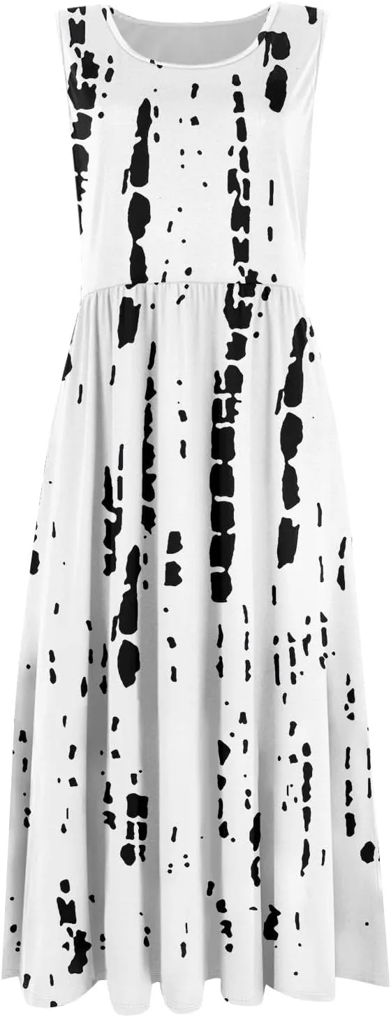 Womens Summer Dresses Flowy Tshirt Tank Dresses Floral Loose A-Line Sundresses Casual Sleeveless Mid Dress with Pockets