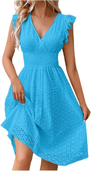 Women's Summer Dresses Sexy Eyelet Lace Embroidery Smocked Dress Flutter Sleeve Midi Long Beach Vacation Sundress