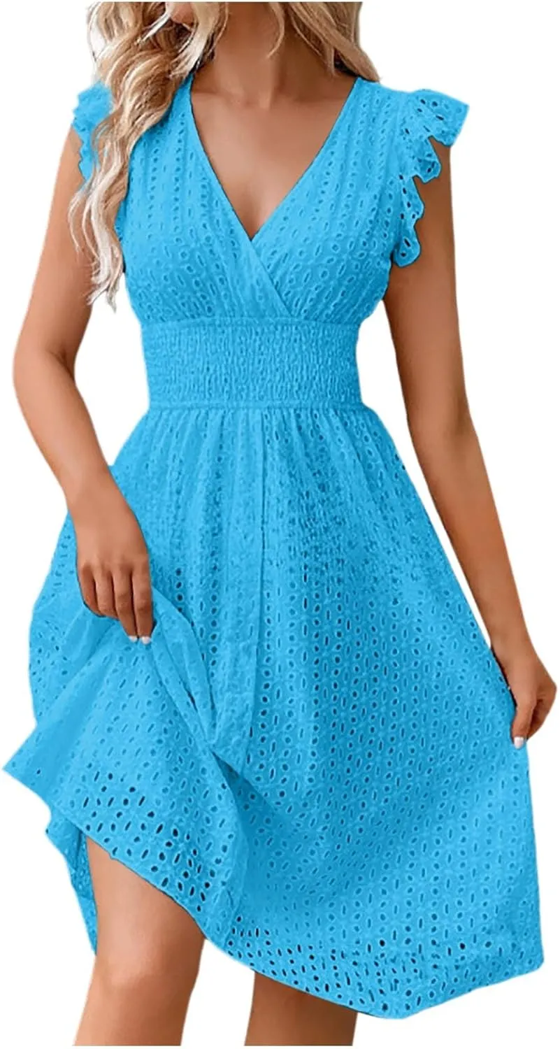 Women's Summer Dresses Sexy Eyelet Lace Embroidery Smocked Dress Flutter Sleeve Midi Long Beach Vacation Sundress