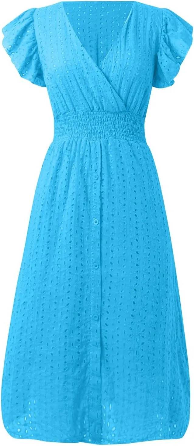 Women's Summer Dresses Sexy Eyelet Lace Embroidery Smocked Dress Flutter Sleeve Midi Long Beach Vacation Sundress