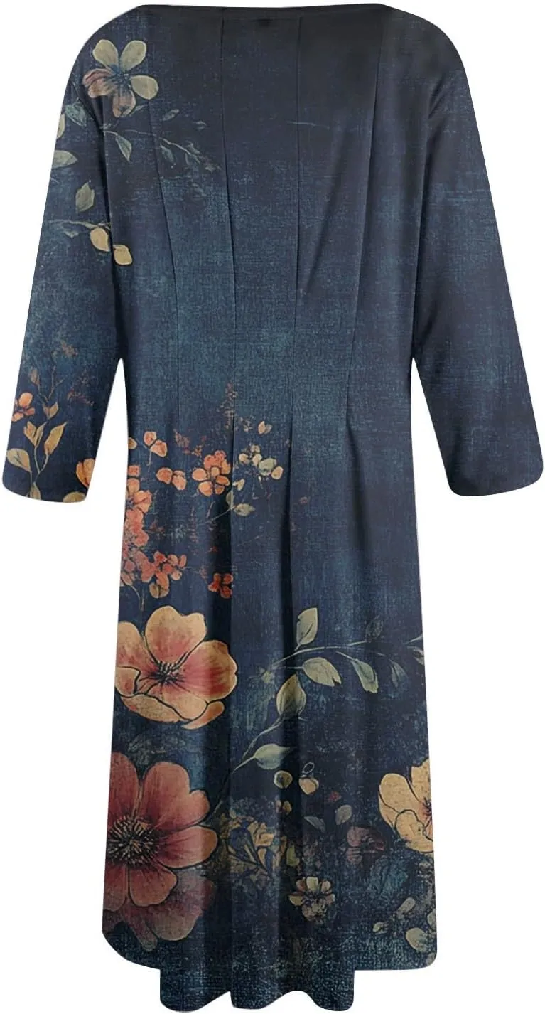 Womens Summer Dresses Summer Floral Beach Tshirt Dress Aline Casual Midi Dresses Flowy 3/4 Sleeve Dress with Pockets