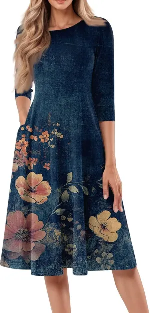 Womens Summer Dresses Summer Floral Beach Tshirt Dress Aline Casual Midi Dresses Flowy 3/4 Sleeve Dress with Pockets
