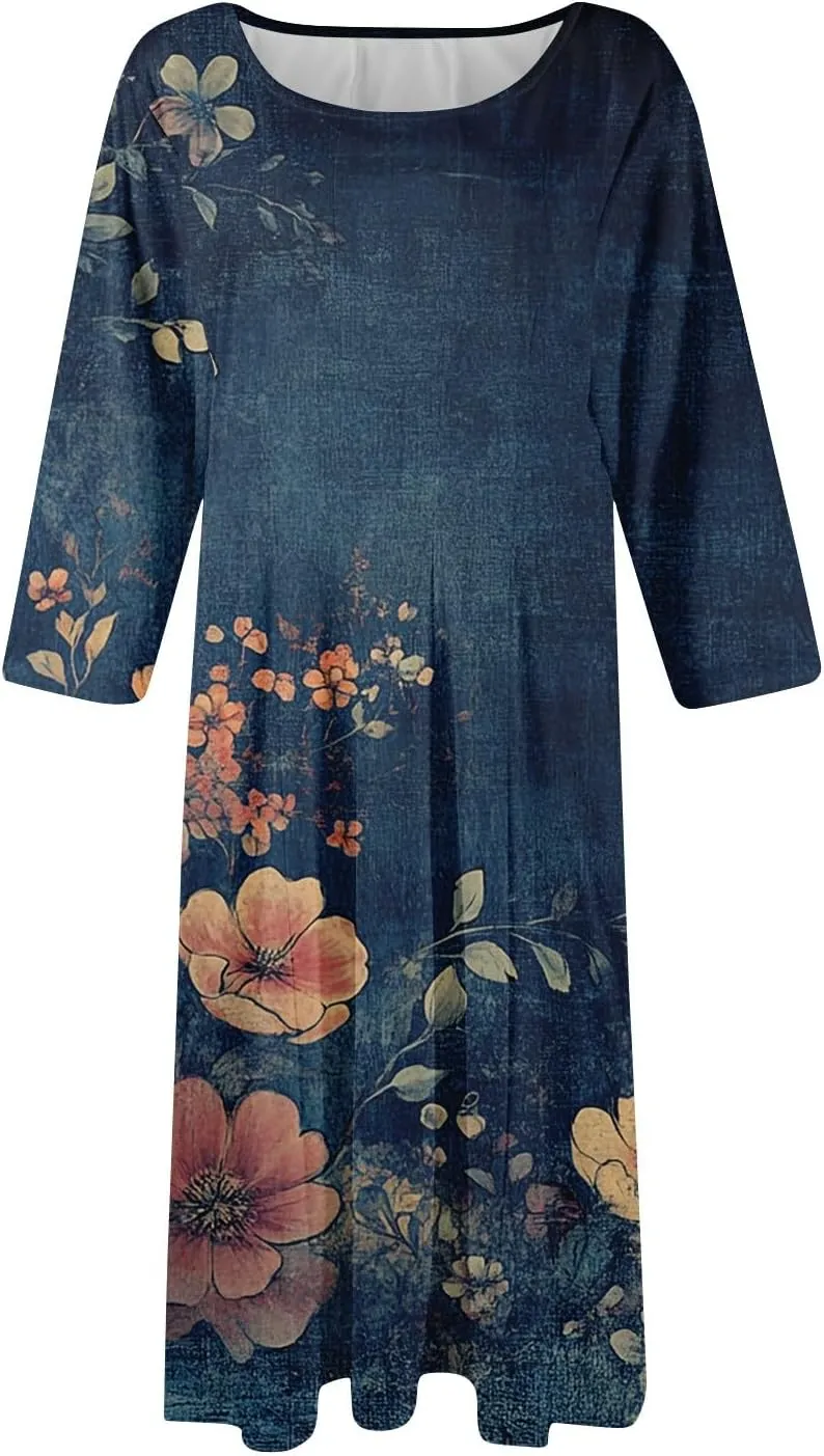Womens Summer Dresses Summer Floral Beach Tshirt Dress Aline Casual Midi Dresses Flowy 3/4 Sleeve Dress with Pockets