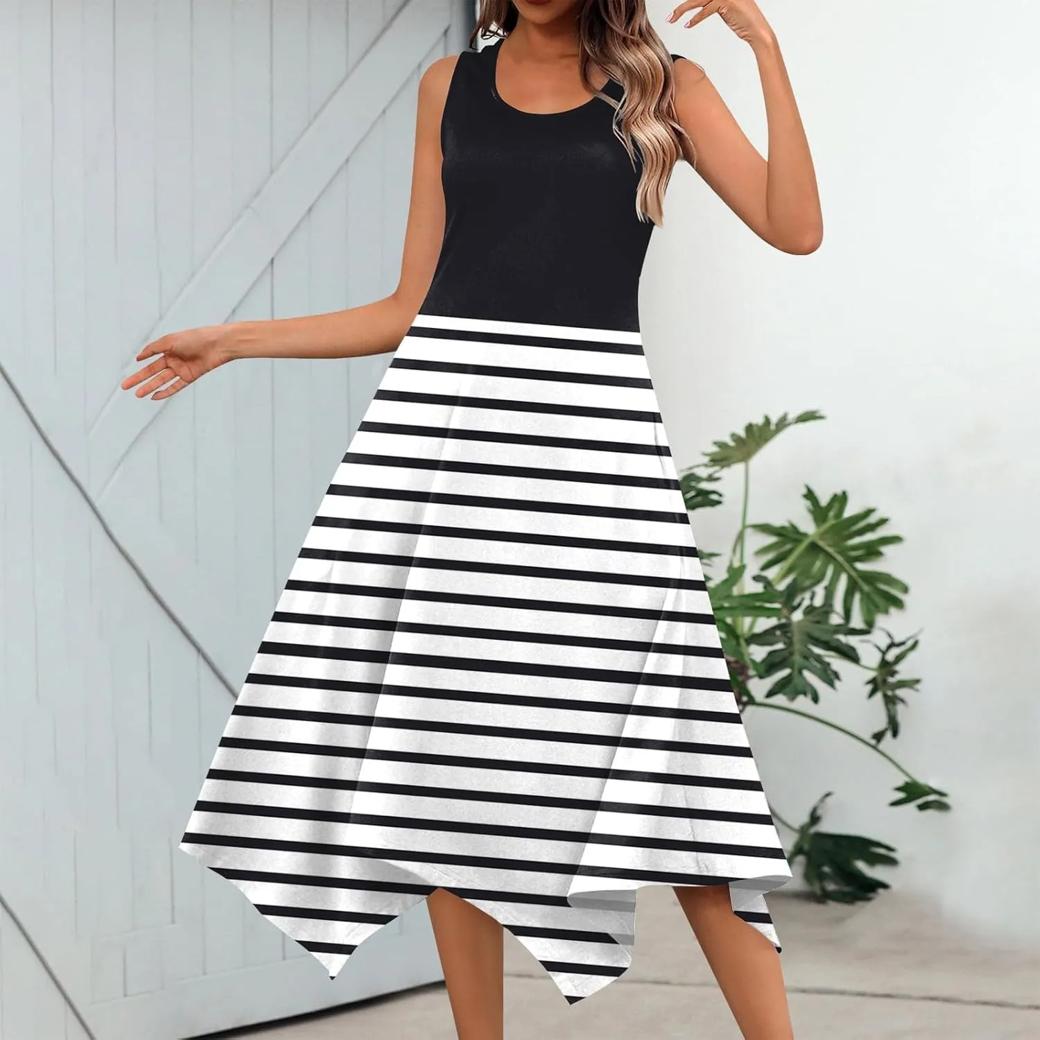 Womens Summer Dresses Summer Flowy Casual Midi Tank Dresses Beach Hankerchief Hem Sleeveless Dress Floral Sundresses