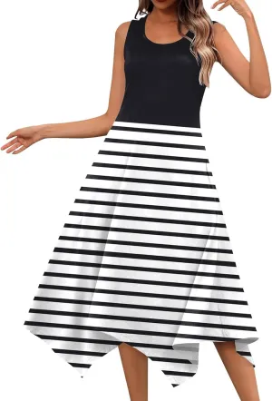 Womens Summer Dresses Summer Flowy Casual Midi Tank Dresses Beach Hankerchief Hem Sleeveless Dress Floral Sundresses