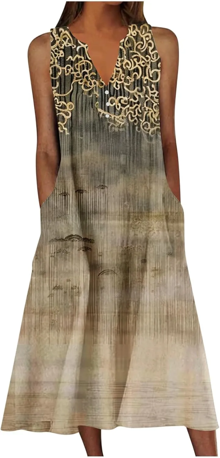Women's Summer Floral Casual Dress Plus Size Midi Sundress Sleeveless Henley V-Neck Long Tank Dresses with Pockets