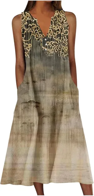Women's Summer Floral Casual Dress Plus Size Midi Sundress Sleeveless Henley V-Neck Long Tank Dresses with Pockets