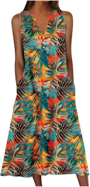 Women's Summer Floral Casual Dress Plus Size Midi Sundress Sleeveless Henley V-Neck Long Tank Dresses with Pockets