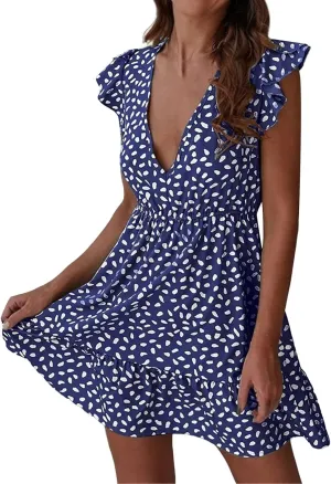 Womens Summer Floral Printed Smocked Square Neck Ruffle Short Sleeve Mini Boho Dress Sleeveless Slip Dress Women