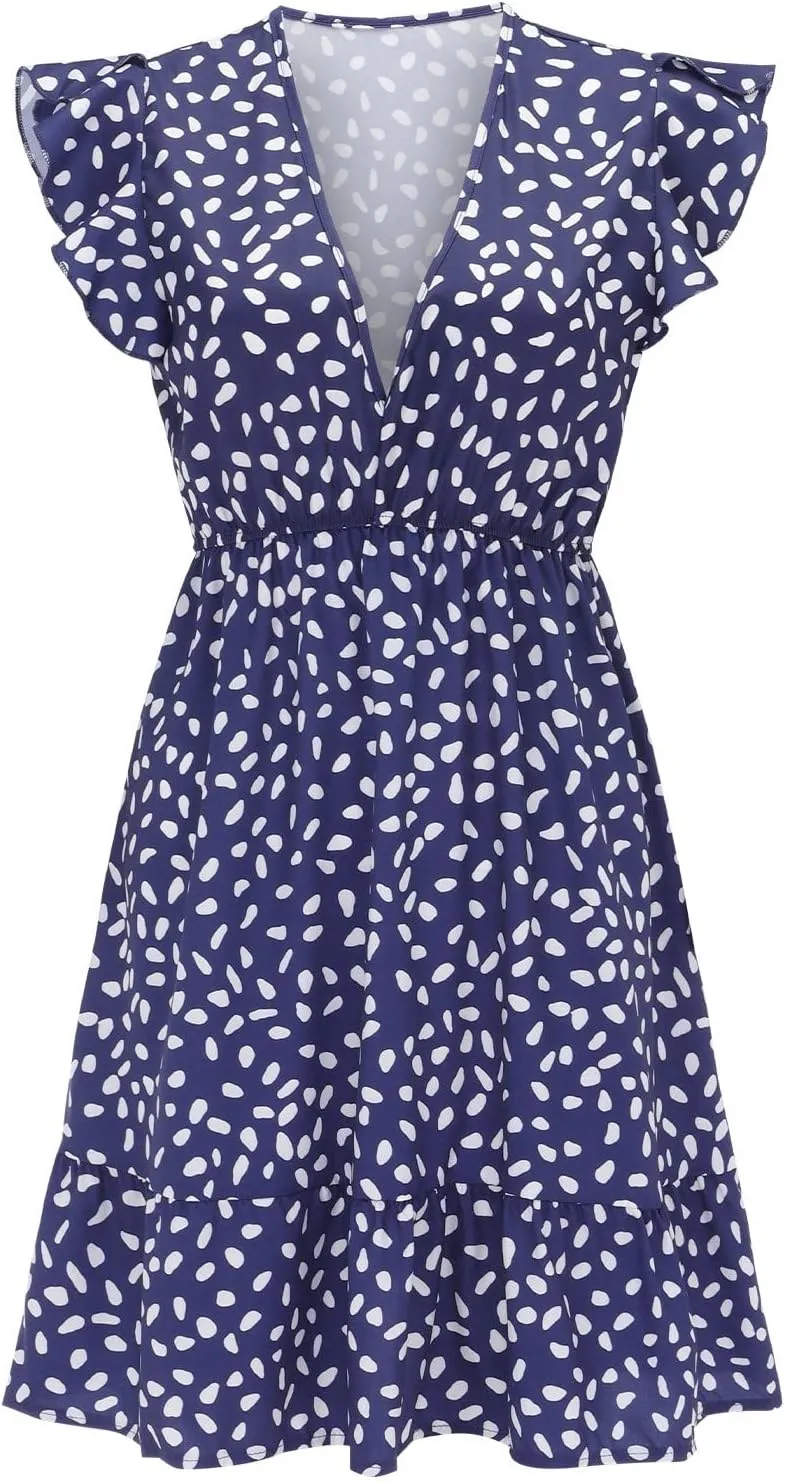 Womens Summer Floral Printed Smocked Square Neck Ruffle Short Sleeve Mini Boho Dress Sleeveless Slip Dress Women