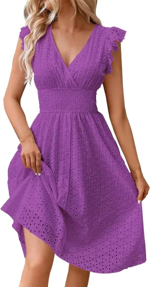 Women's Summer Lace Jacquard V Neck Wrap Sundress Ruffle Sleeve Boho Floral Elastic Waist Cute Mini Short Dresses 2024 Purple