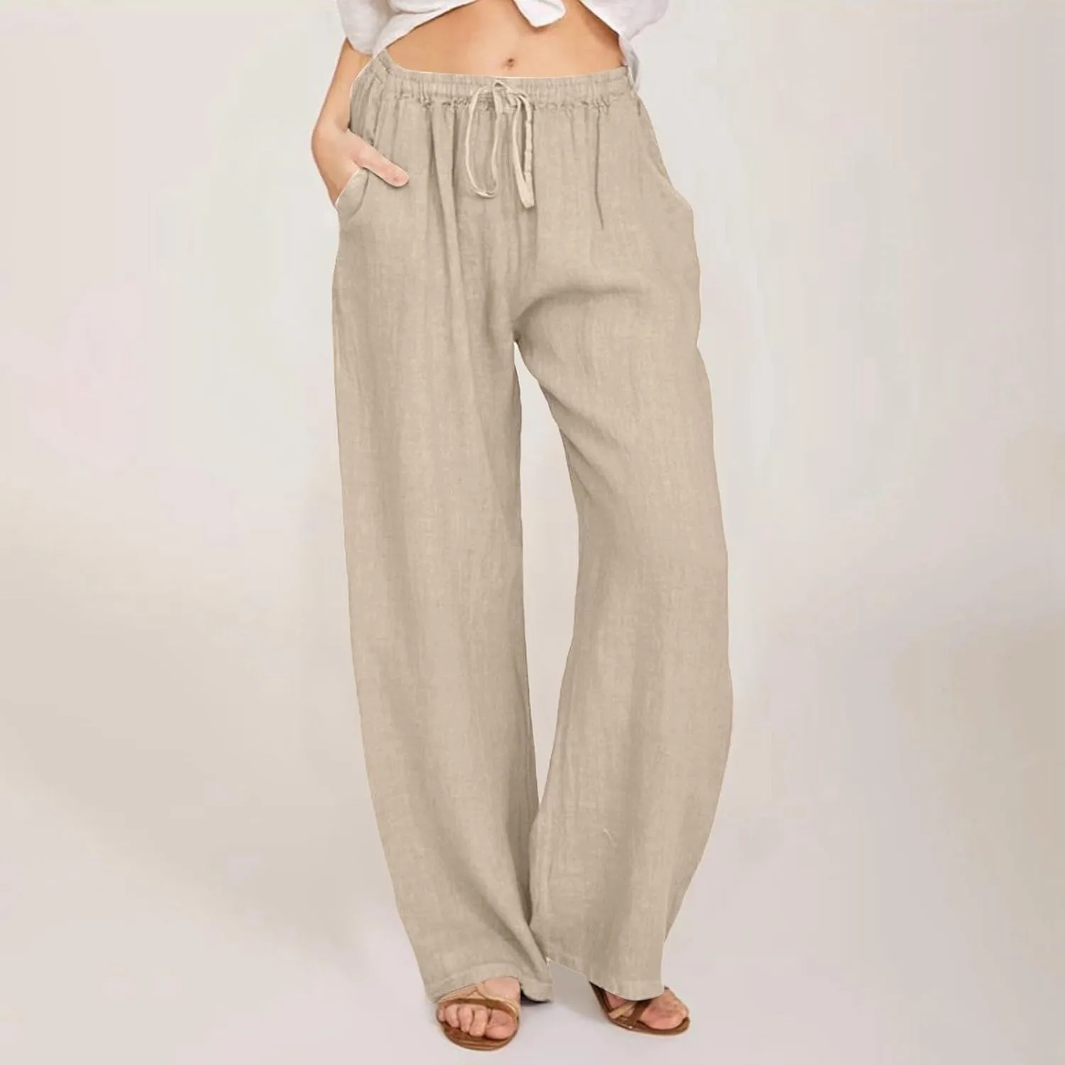 Womens Summer Linen Pants Elastic High Waisted Palazzo Pants Wide Leg Long Lounge Pant Casual Trousers with Pocket